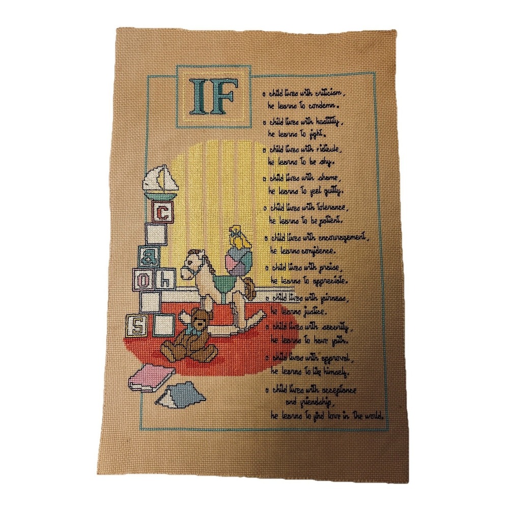 VTG Children Learn What They Live Cross Stitch Unframed Finished Nursery Art 80s